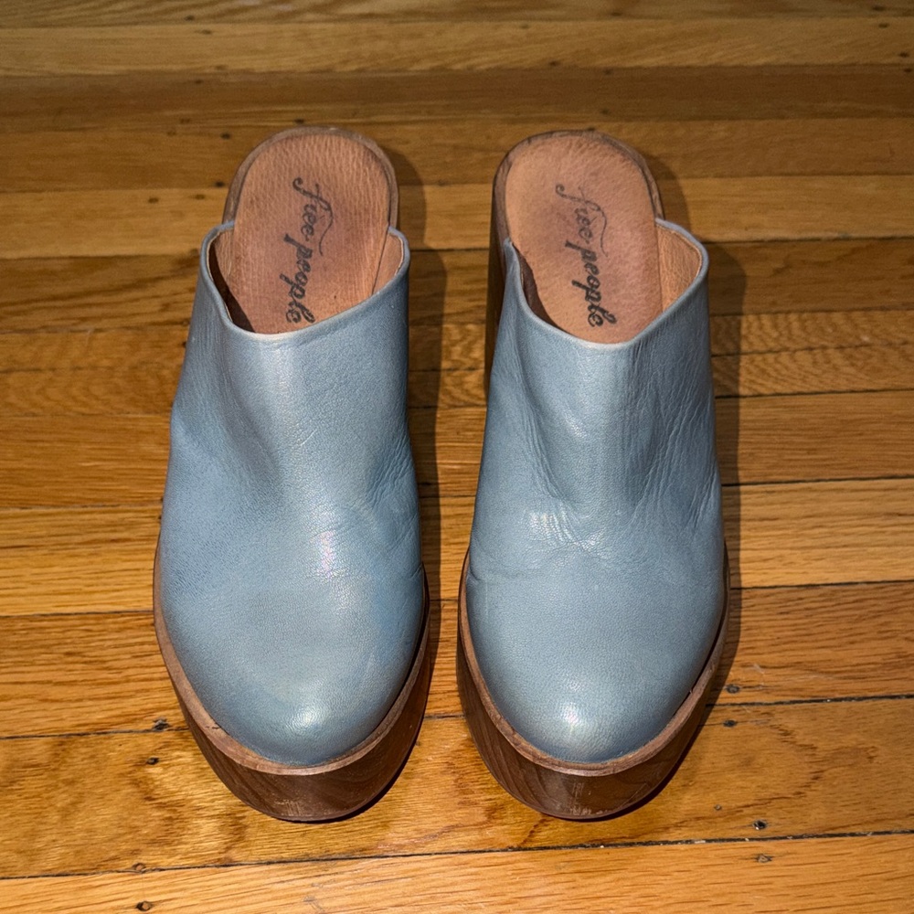 Free People Light Blue Leather Mules